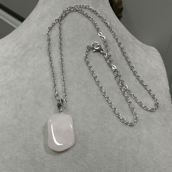 Rose Quartz Necklace Natural Gemstone Pink Crystal Pendant Stainless-Steel Chain - Picture 11 of 17